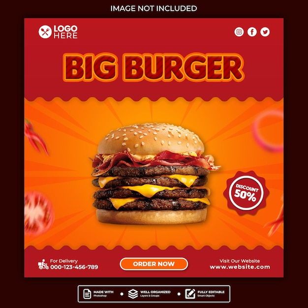 Post di instagram di promozione di hamburger di grandi dimensioni o modello di social media banner web quadrato