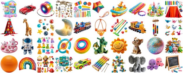 PSD big collection of different toys photo collage isolated transparent background aig44