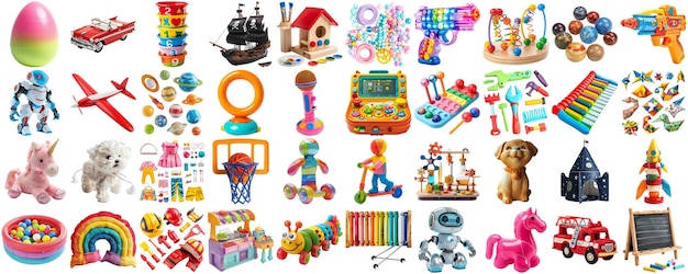 PSD grande collezione di diversi giocattoli collage fotografico isolato sfondo trasparente aig44