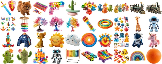 PSD Большая коллекция различных игрушек фотоколлаж изолированный прозрачный фон aig44