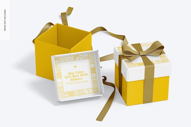 Big cube gift boxes with ribbon mockup, perspective view