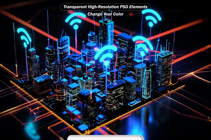 PSD big data connection technology cityscape telecommunication and communication network concept