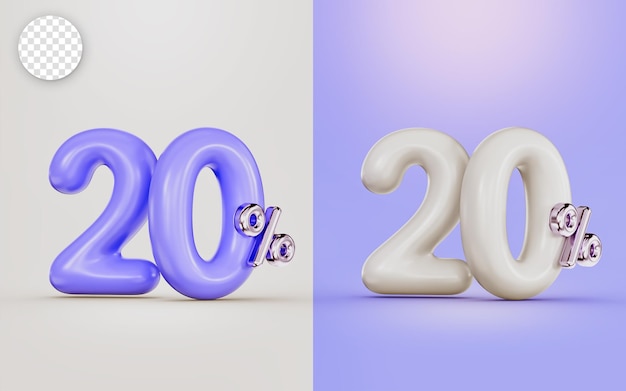 Big deal 20 percent discount offer with two different colors white and purple 3d render concept