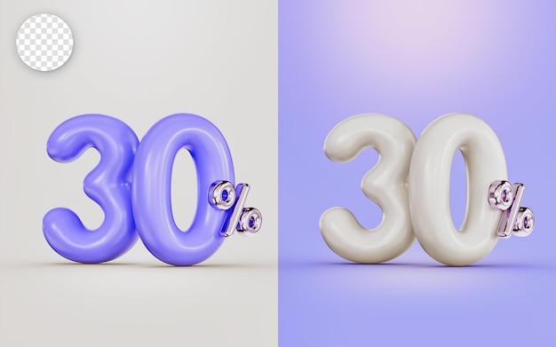 Большое предложение 30-процентная скидка с двумя разными цветами: белый и фиолетовый 3d-рендеринг