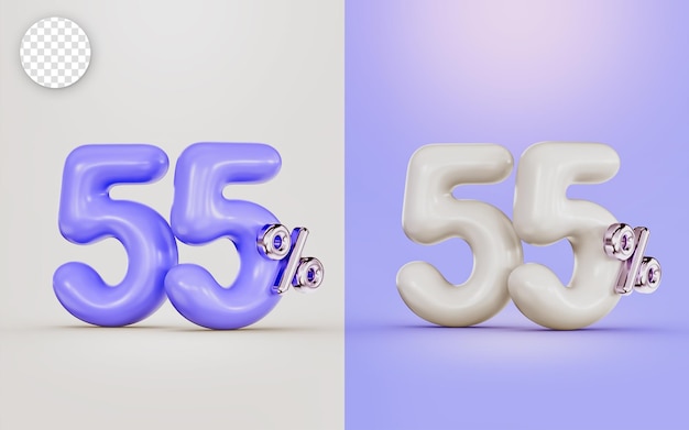 Big deal 55 percent discount offer with two different colors white and purple 3d render concept