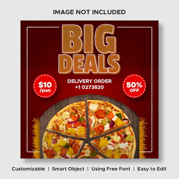 Big Deals Pizza eten korting menu promotie sociale media instagram post-sjabloon voor spandoek