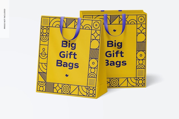 Big gift bags with ribbon handle mockup, front view