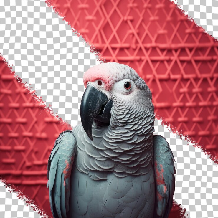PSD big grey parrot enclosed in wire cage with red wall behind transparent background
