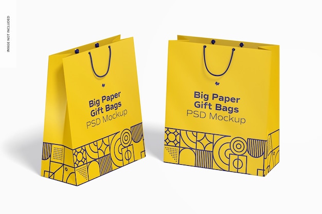 PSD big paper gift bag with rope handle mockup, perspective view