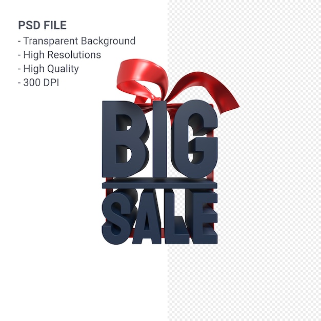 PSD big sale 3d design rendering for sale promotion with bow and ribbon isolated