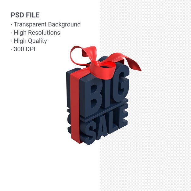 PSD big sale 3d design rendering for sale promotion with bow and ribbon isolated