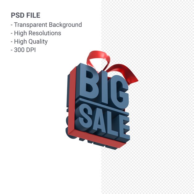 PSD big sale 3d design rendering for sale promotion with bow and ribbon isolated