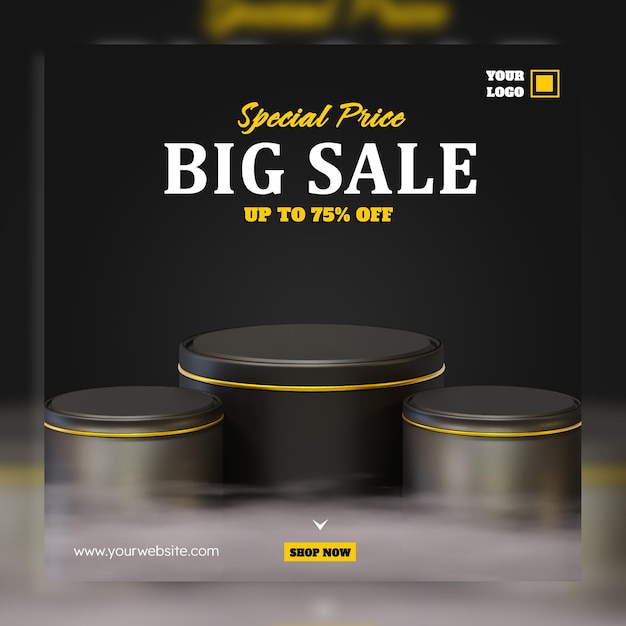 Big sale 3d render podium and cloud banner social media post template