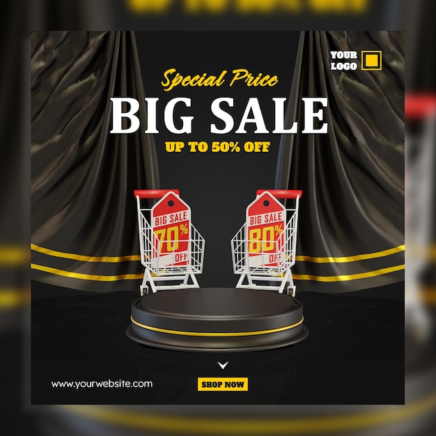 Big sale 3d render podium trolley and curtain banner social media post template