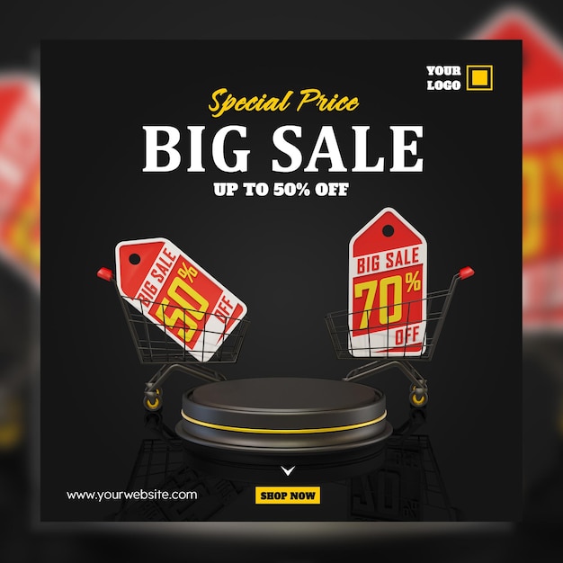 Big Sale 3D render podium trolley en tag prijs banner social media post template