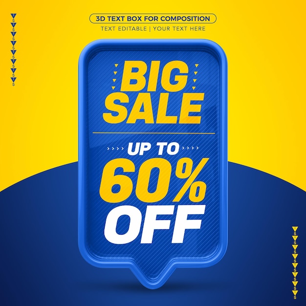 PSD big sale of blue 3d text box with up to 60% discount