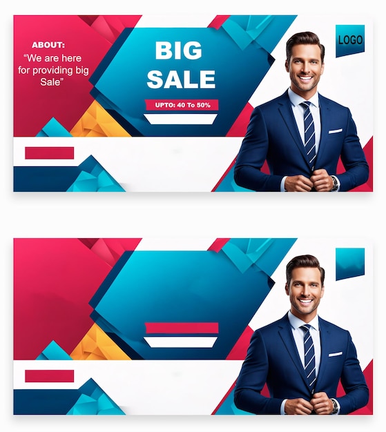 Big Sale horizontal banner with smiling businessman in blue suit and tie