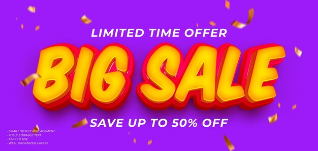 PSD big sale modern banner promotional with editable 3d style text effect