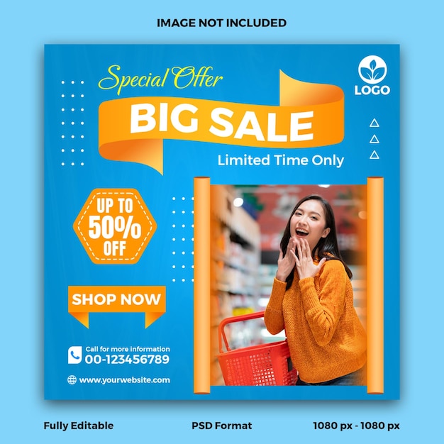 Big sale social media template with blue background
