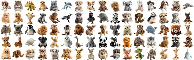 PSD big set of cute fluffy animal dolls for children toys isolated background aig44