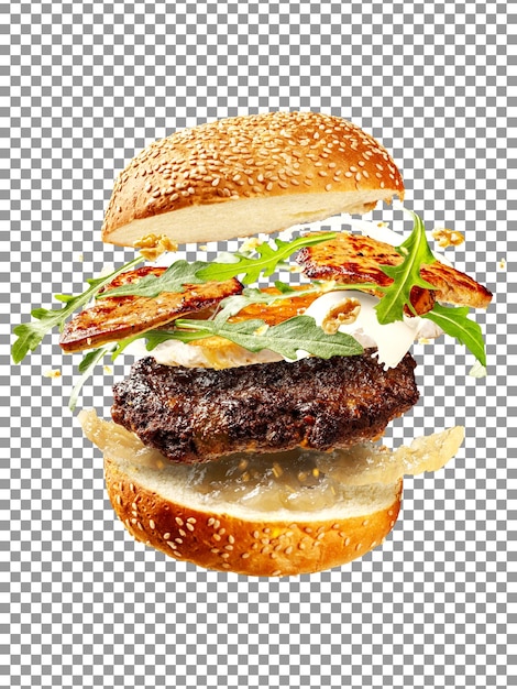 Grande gustoso hamburger volante isolato su sfondo trasparente