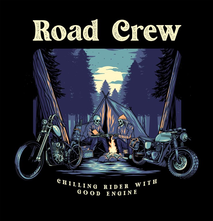 PSD bikers riding camping motorbike illustration vector