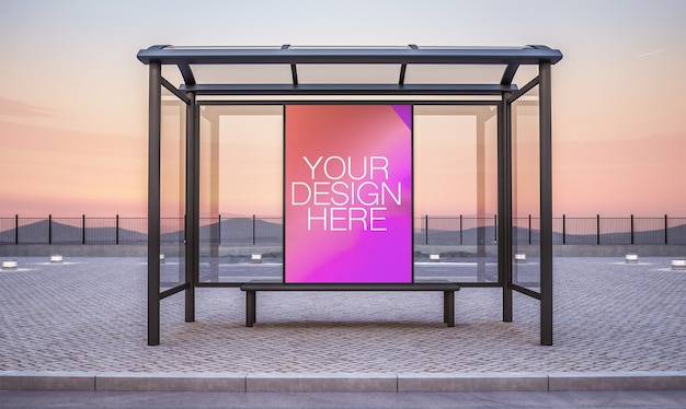 Billboard on bus stop kiosk mockup 3d rendering