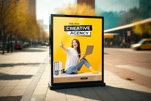 A billboard for creative agency with a woman sitting on the ground.