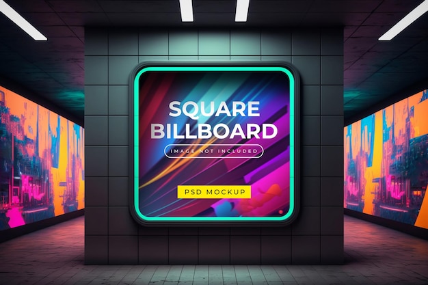 Billboard in neon style underground subway wall mockup