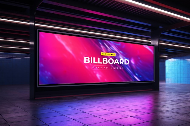 Billboard in neon style underground subway wall mockup