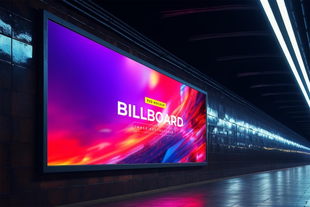 Billboard in neon style underground subway wall mockup