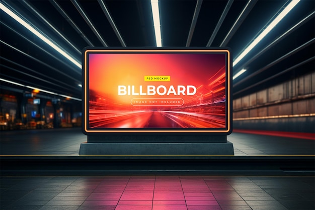 PSD billboard in neon style underground subway wall mockup