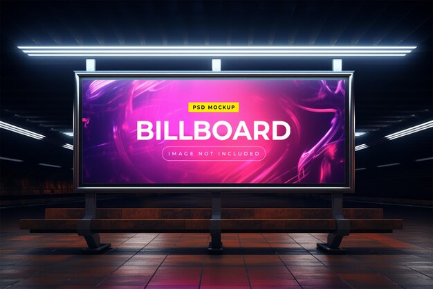 Billboard in neon style underground subway wall mockup