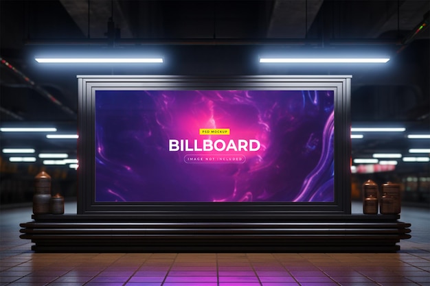 Billboard in neon style underground subway wall mockup