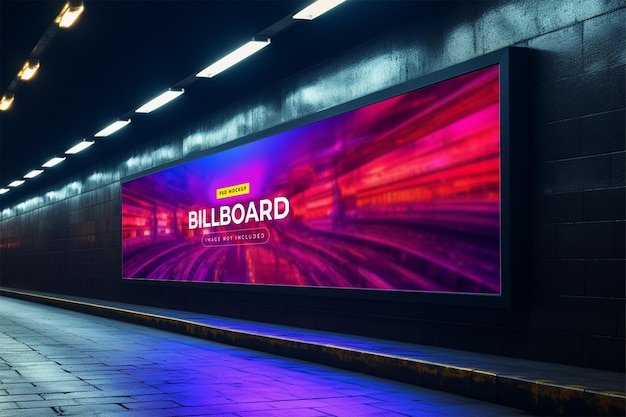 Billboard in neon style underground subway wall mockup