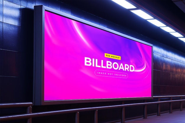 Billboard in neon style underground subway wall mockup