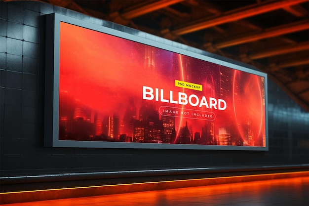 Billboard in neon style underground subway wall mockup