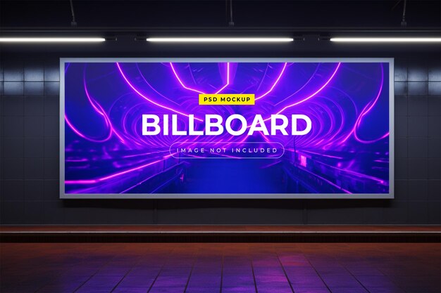 PSD billboard in neon style underground subway wall mockup