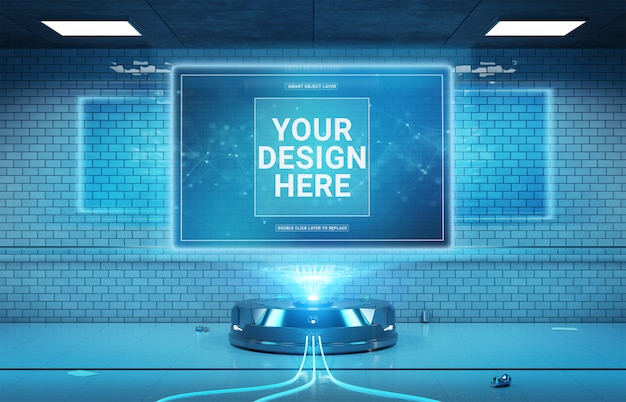 PSD billboard projector in futuristic interior mockup