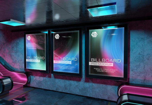 Billboards in neonstijl metrostation Mockup