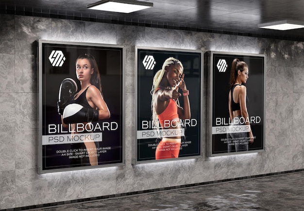 Billboards on underground subway wall Mockup