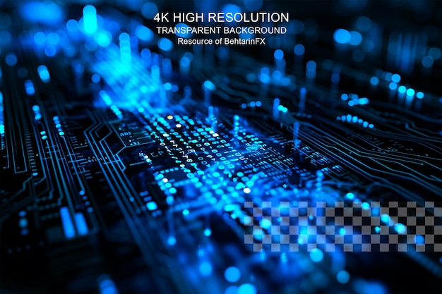 Scheda di circuiti binari tecnologia futura in effetto luce blu sicurezza informatica su sfondo trasparente