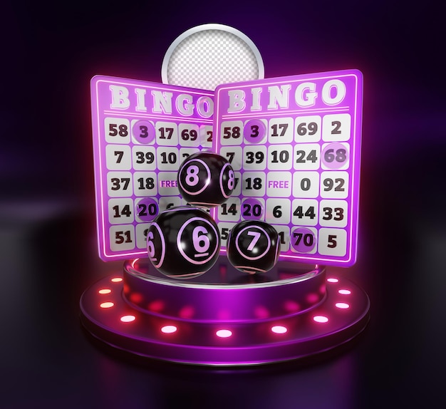 Bingo-biljetten op het podium en lotto-ballen met paarse kleur