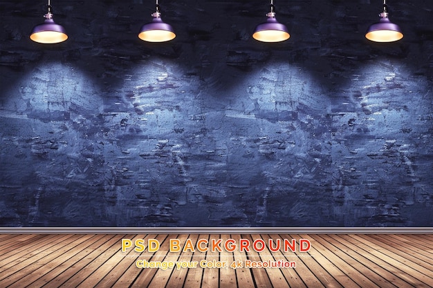 Binnenruimte met blauwe betonnen muur en houten vloer