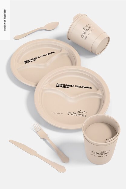 Biodegradable disposable tableware mockup, high angle view