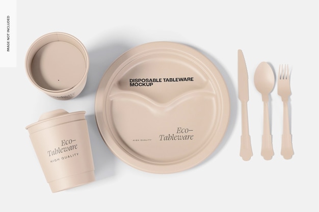 PSD biodegradable disposable tableware mockup, top view