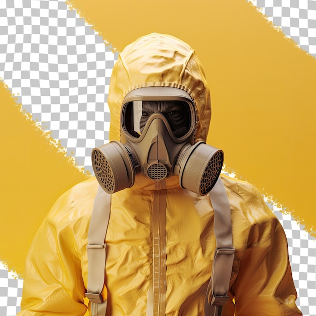 PSD biohazard suited individual stands alone against transparent background