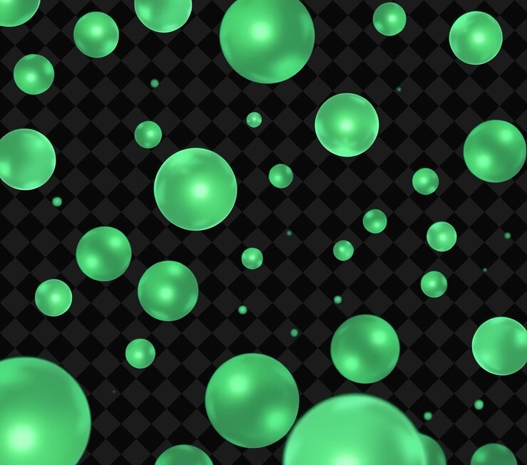 PSD bioluminescent baryon orbs glowing spheres of soft green and pale y2k inspired blue drift and hover
