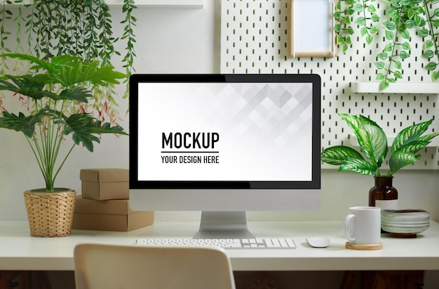 biophilia workspace in home office room with computer mockup