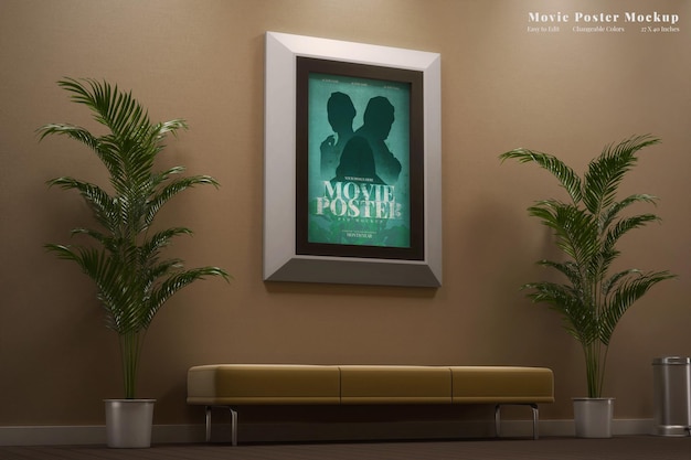 Bioscoop film show poster frame hangend in muur interieur realistisch mockup perspectief weergave